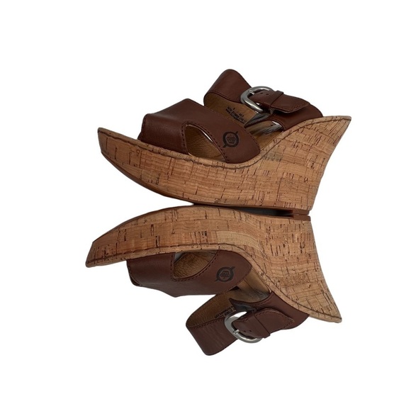 Born Brown Leather Cork Wedge Platform Slip On Sandals Size 9 Women's - Picture 7 of 9